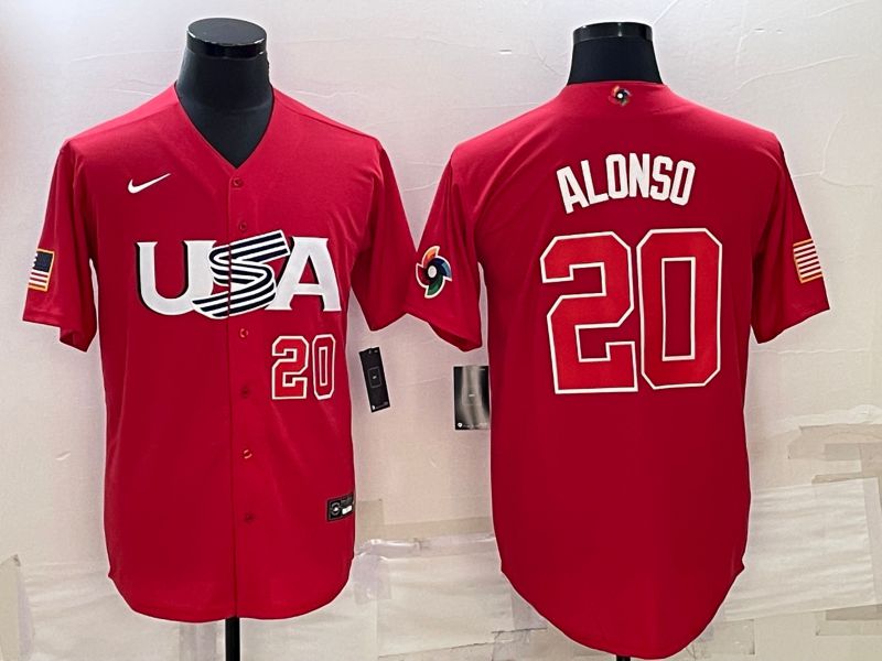 Men 2023 World Cub USA 20 Alonso Red Nike MLB Jersey
